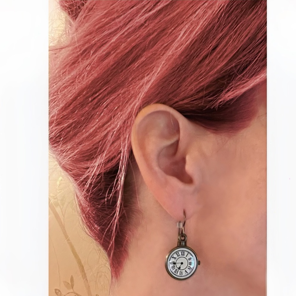 Clock Earrings Polished Brass Tone - Picture 2 of 2